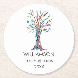 Family Reunion Rainbow Family Tree Round Paper Coaster