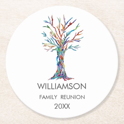 Family Reunion Rainbow Family Tree Round Paper Coaster