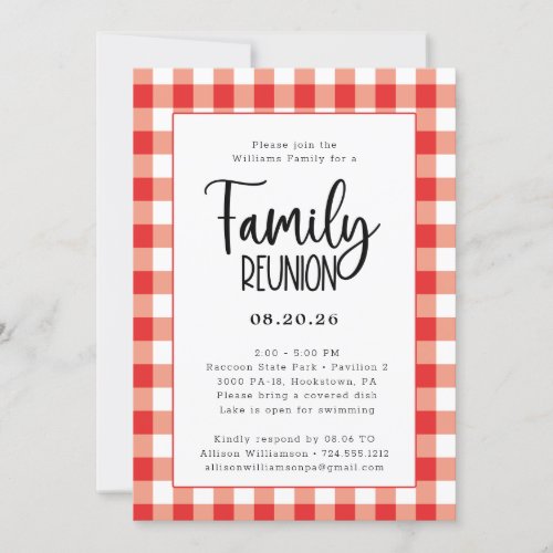 Family Reunion Red and White Gingham Buffalo Check Invitation