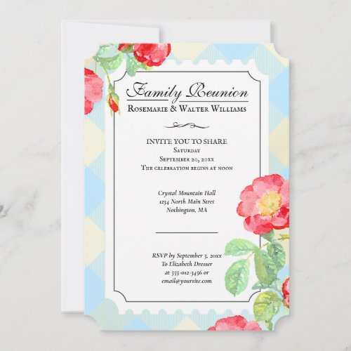 Family Reunion Red Roses Blue Buffalo Plaid Invitation