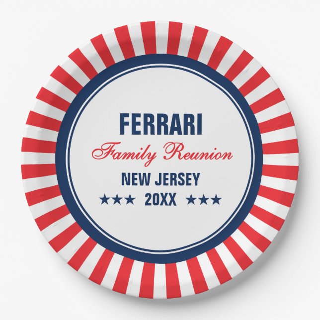 Family Reunion Red White Blue Personalized Paper Plates (Front)