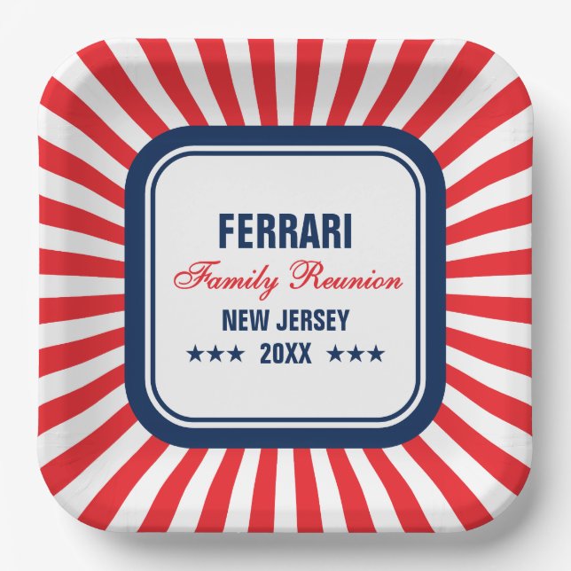 Family Reunion Red White Blue Personalized Paper Plates (Front)