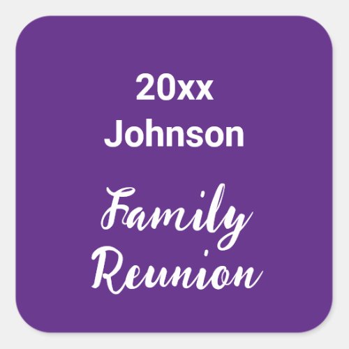 Family Reunion Royal Purple and White Year Name Square Sticker