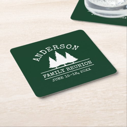 Family Reunion Rustic Pine Trees Green Square Paper Coaster