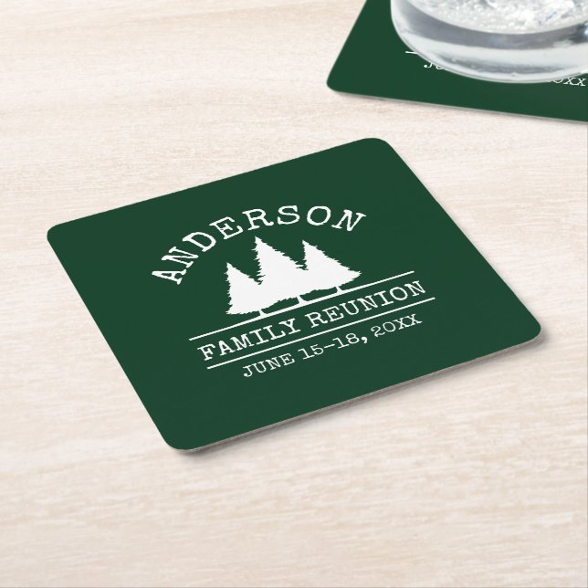 Family Reunion Rustic Pine Trees Green Square Paper Coaster (Angled)