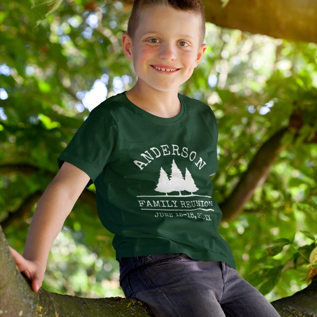 Family Reunion Rustic Pine Trees Kid's Green T-Shirt (Customize to change text size. Choose from a variety of shirt colors and styles.)
