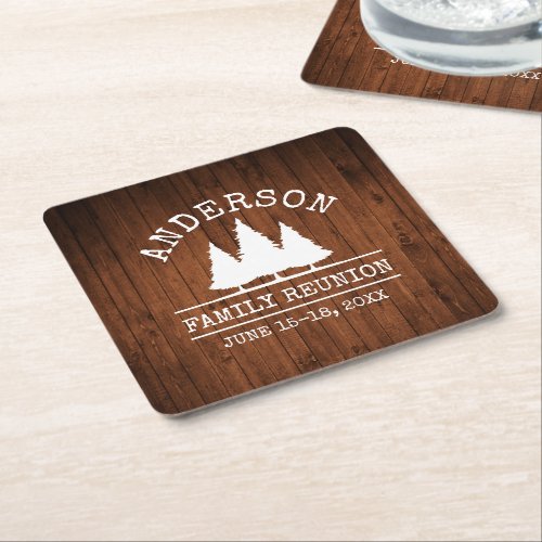 Family Reunion Rustic Pine Trees Wood Print Square Paper Coaster