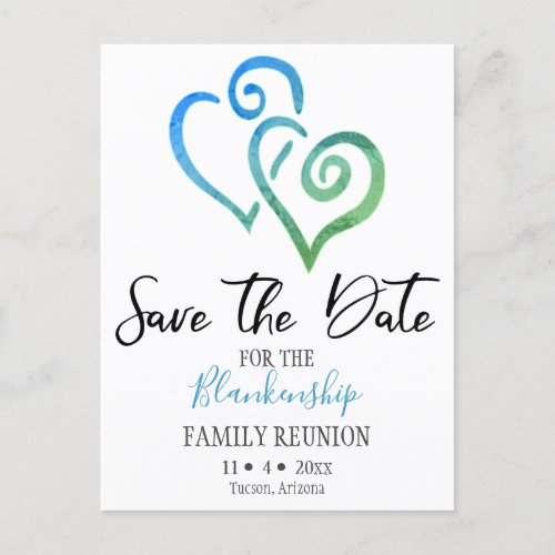 Family Reunion Save The Date Blue Green Hearts Ann Announcement Postcard