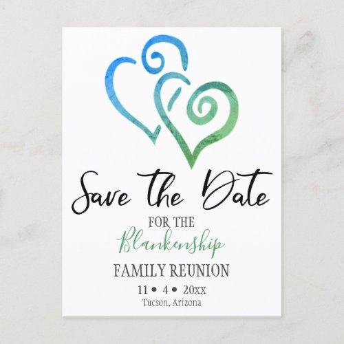 Family Reunion Save The Date Blue Green Hearts Announcement Postcard