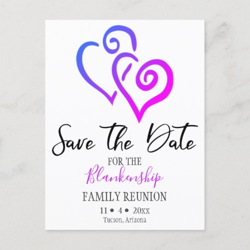 Family Reunion Save The Date Blue Pink Hearts Announcement Postcard