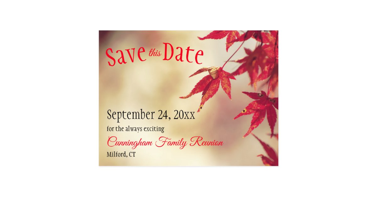 Family Reunion Save The Date Fall Red Leaves Bokeh Postcard | Zazzle.com