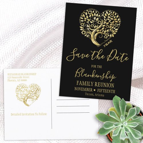 Family Reunion Save The Date Gold Heart Tree  Announcement Postcard