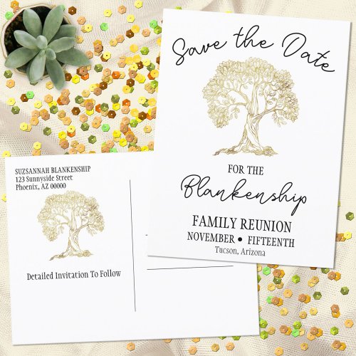 Family Reunion Save The Date Gold Tree  Announcement Postcard