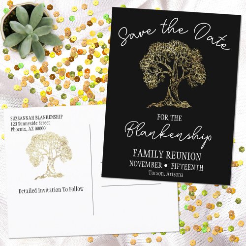 Family Reunion Save The Date Gold Tree Artwork Announcement Postcard