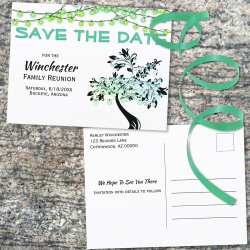 Family Reunion Save The Date Green Lights Tree Announcement Postcard