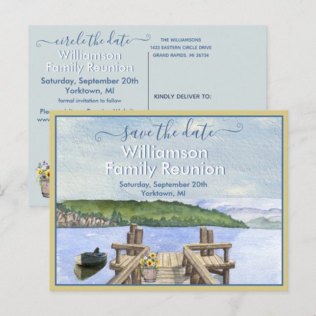 Family Reunion Save the Date Lake Dock QR Code Announcement Postcard (Front/Back)
