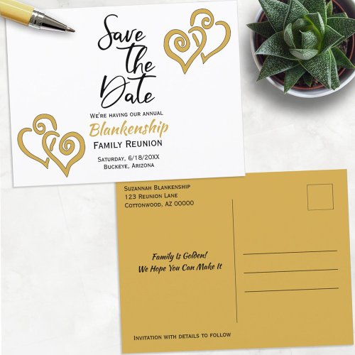Family Reunion Save The Date Linked Golden Hearts Announcement Postcard