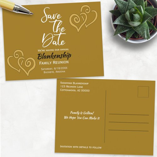 Family Reunion Save The Date Linked Golden Hearts  Announcement Postcard
