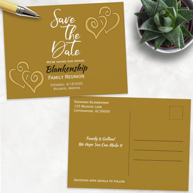 Family Reunion Save The Date Linked Golden Hearts  Announcement Postcard (Creator Uploaded)