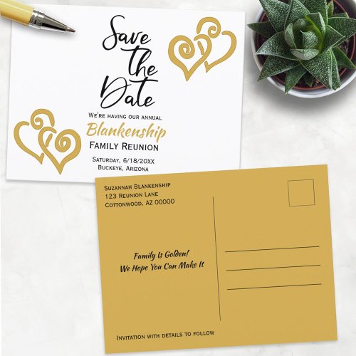 Family Reunion Save The Date Linked Golden Hearts Announcement Postcard