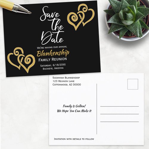 Family Reunion Save The Date Linked Golden Hearts  Announcement Postcard