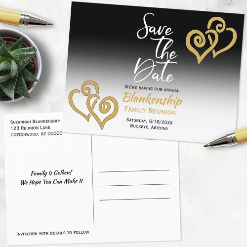 Family Reunion Save The Date Linked Golden Hearts  Announcement Postcard