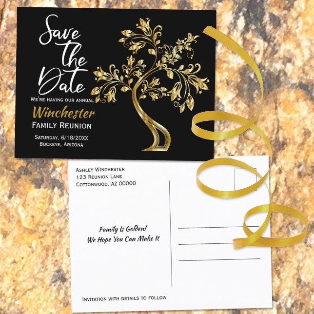 Family Reunion Save The Date Modern Gold Tree Announcement Postcard