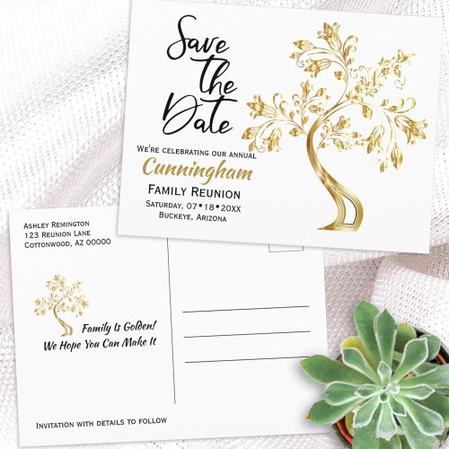 Family Reunion Save The Date Modern Gold Tree Announcement Postcard