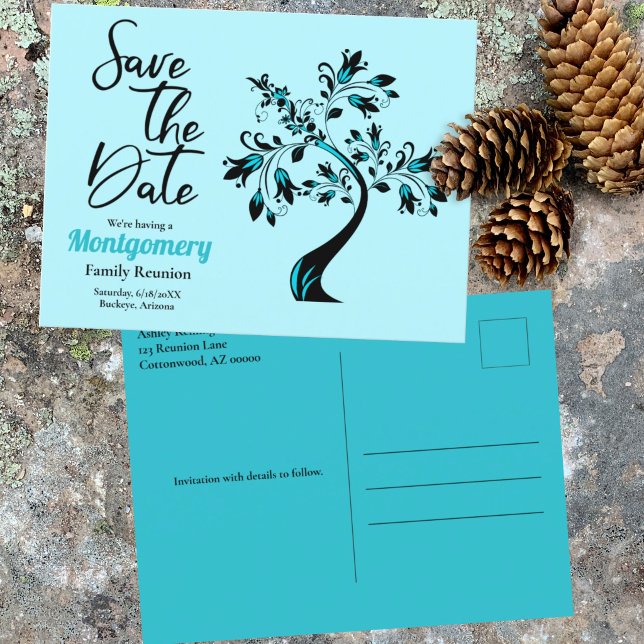 Family Reunion Save The Date Modern Teal Tree Announcement Postcard