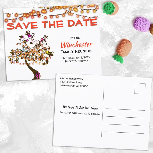 Family Reunion Save The Date Orange Lights Tree Announcement Postcard (Creator Uploaded)