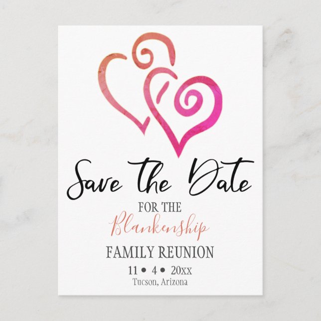 Family Reunion Save The Date Orange Pink Heart  Announcement Postcard (Front)