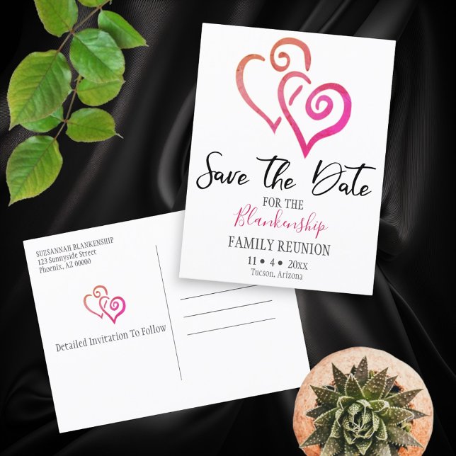 Family Reunion Save The Date Orange Pink Heart Announcement Postcard (front and back of linked hearts template save the date family reunion postcard)