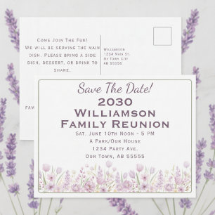 Family Reunion Save the Date Purple Floral Holiday Postcard