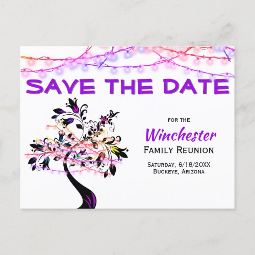 Family Reunion Save The Date Purple Lights Tree Announcement Postcard