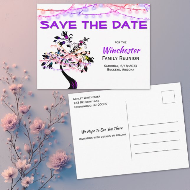 Family Reunion Save The Date Purple Lights Tree Announcement Postcard (front and back postcard family reunion save the date template)