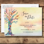 Family Reunion Save The Date Rainbow Tree Announcement Postcard<br><div class="desc">Family Reunion Save The Date Rainbow Tree Announcement Postcard. Ask your family to save the date for your Family Reunion with this stylish invitation postcard. It features a family tree in the colors of the rainbow on a watercolor background. There are templates for you to customize with your family name...</div>