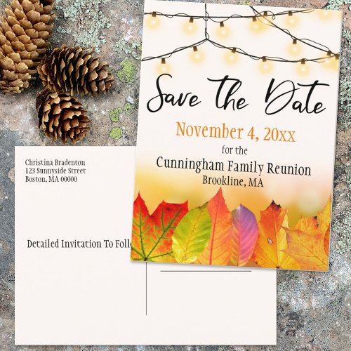 Family Reunion Save The Date String Lights Leaves Announcement Postcard