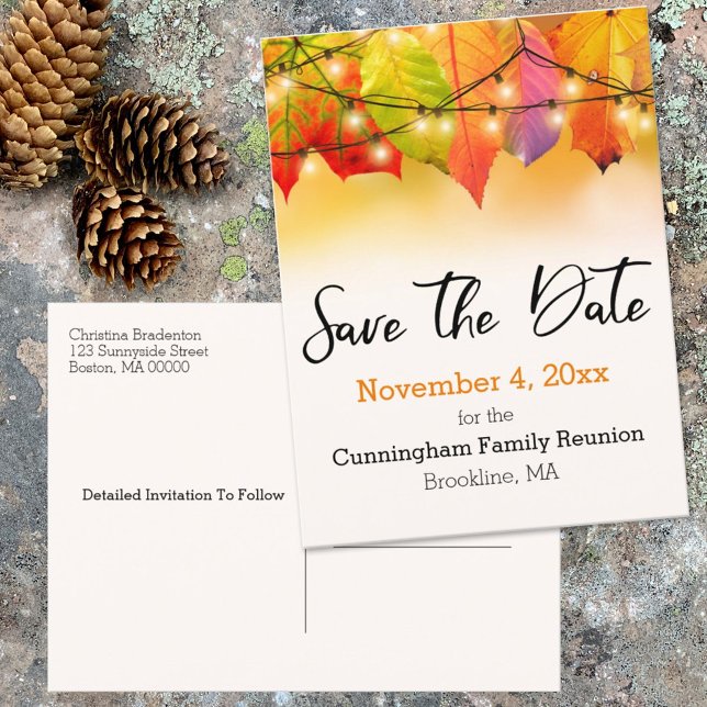 Family Reunion Save The Date String Lights Leaves Announcement Postcard (Creator Uploaded)