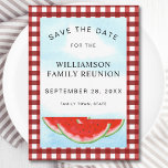 Family Reunion Save The Date Watermelon<br><div class="desc">Are you planning a family reunion? 
Let your family know the date with this unique Save the Date card.
It is decorated with watercolor watermelons,  a blue sky,  and a red and white buffalo check background. 
Easily customizable. Original Watercolor © Michele Davies.</div>