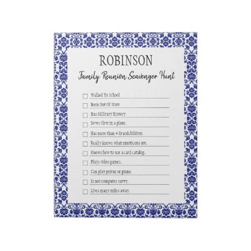 Family Reunion Scavenger Hunt Blue Notepad