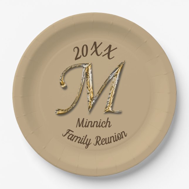 Family Reunion Silver Gold Letter M Monogram Paper Plates (Front)