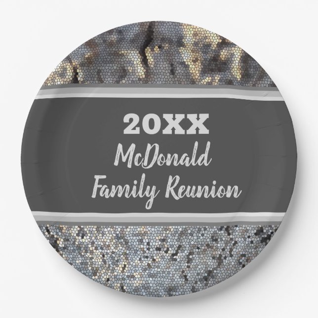 Family Reunion Snakeskin Pattern Gray Black Mosaic Paper Plates (Front)