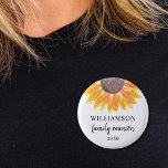 Family Reunion Souvenir Button<br><div class="desc">This family reunion button makes a lovely keepsake for your family get-together. It is decorated with a yellow watercolor sunflower. Easily customizable. Use the Customize Further option to change the text size, style, or color. Because we create our own artwork you won't find this exact image from other designers. Original...</div>