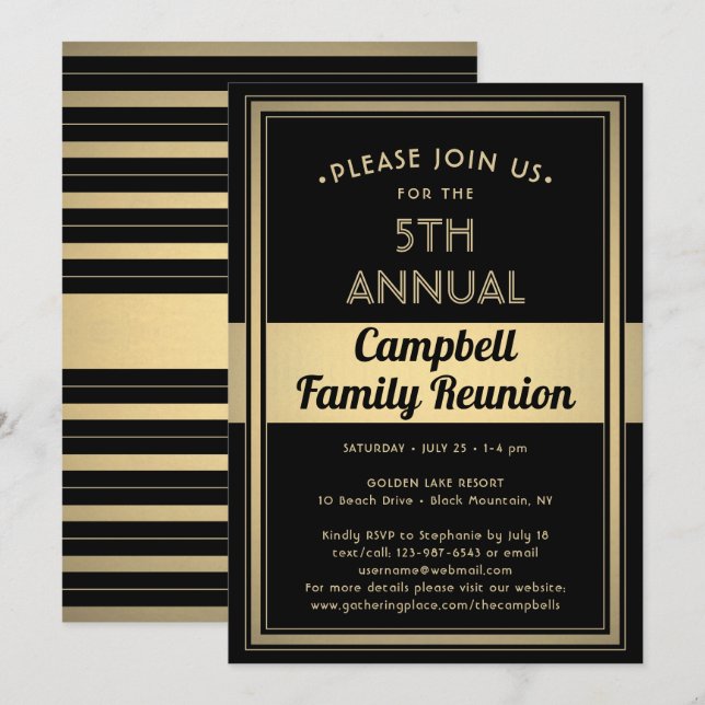 Family Reunion Stylish Typography Black and Gold Invitation (Front/Back)