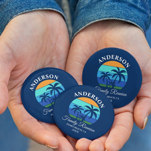 Family Reunion Summer Beach Palm Trees Blue Button (Customize to change background color.)