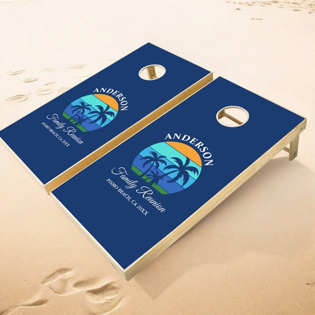 Family Reunion Summer Beach Palm Trees Blue Cornhole Set (Customize to change text size, text style or background color.)