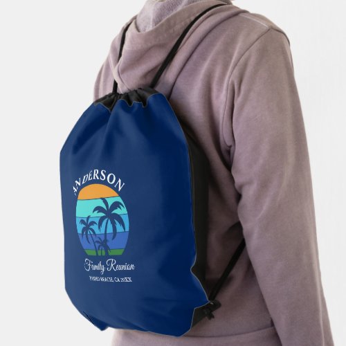 Family Reunion Summer Beach Palm Trees Blue Drawstring Bag
