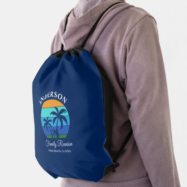 Family Reunion Summer Beach Palm Trees Blue Drawstring Bag (Insitu)