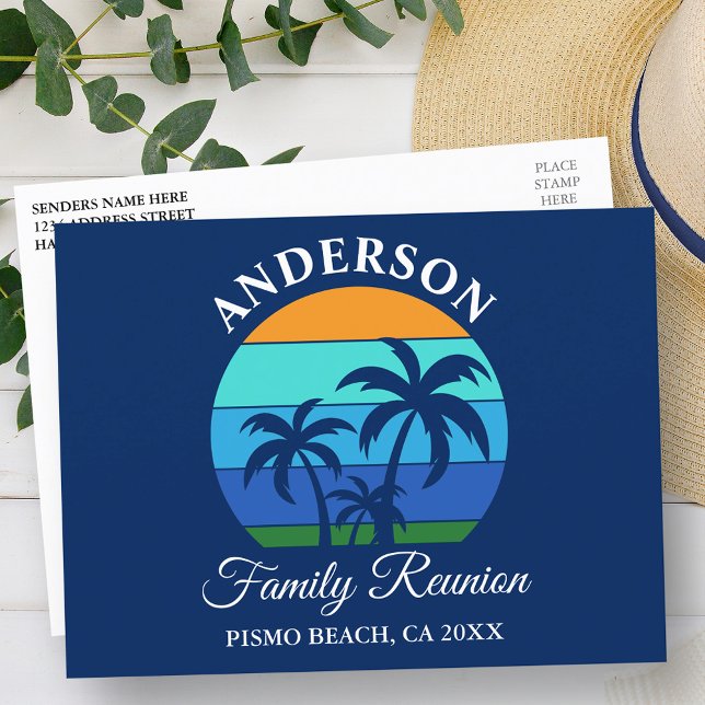 Family Reunion Summer Beach Palm Trees Blue Postcard (Customize to change text size, style or color.)