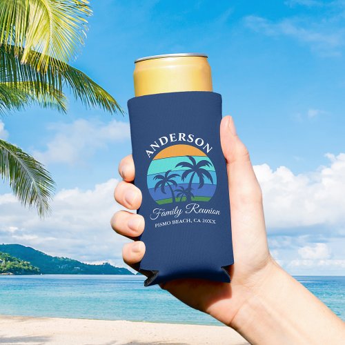 Family Reunion Summer Beach Palm Trees Blue Seltzer Can Cooler